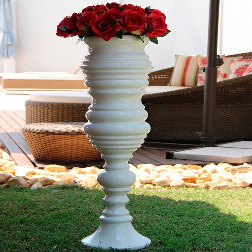 Imagem 4 de 5 de Vaso Em Cerâmica Branco Raso Estilo Pedestal - Bu087