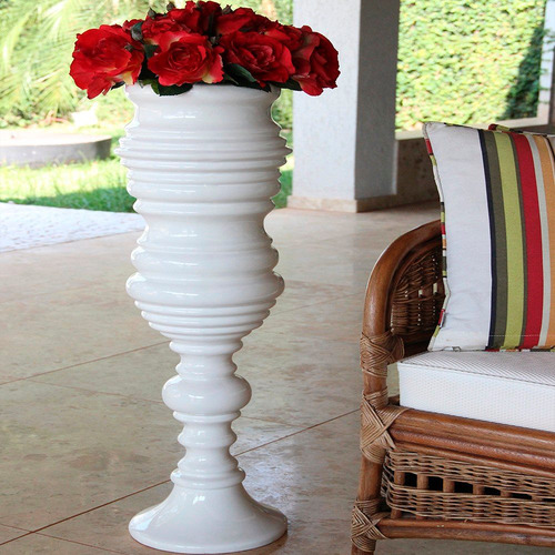 Imagem 3 de 5 de Vaso Em Cerâmica Branco Raso Estilo Pedestal - Bu087