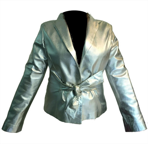 Campera Chaqueta Entallada Cuero Oveja Dama Lazo Plateada