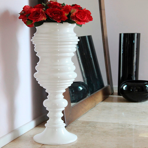 Imagem 1 de 5 de Vaso Em Cerâmica Branco Raso Estilo Pedestal - Bu087