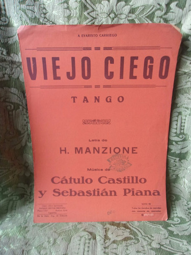 Partitura Antigua Firmada Viejo Ciego Piana Castillo Manzion (Usado)