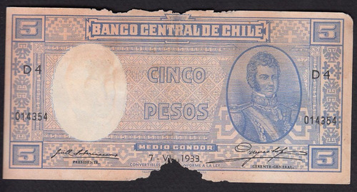 Billete Chile  5 Pesos 7 De Junio 1933 D4 (c85)