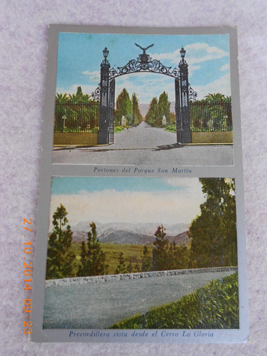 Postal Mendoza Con Doble Foto Parque S. Martin Y Cerro