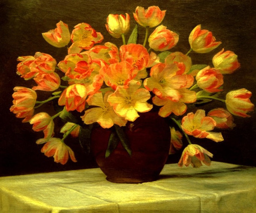 Lindo Arranjo De Flores Tulipas Pintor Schou Repro Tela