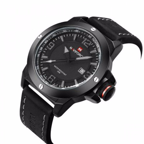 Relógio Masculino Couro Preto Analógico Naviforce + Nfe