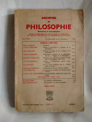 Archives Philosophie Tome 33 Cahier 3 1970 Eric Weil Frances