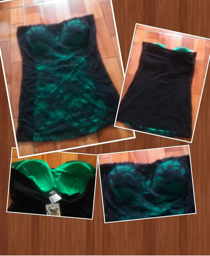 Hermoso Strapless Color Verde Y Negro Encaje Talla M Nuevo