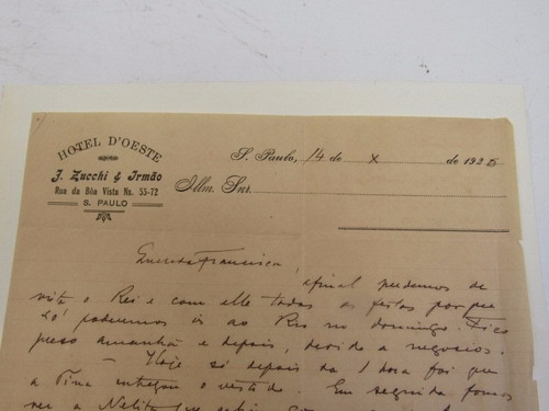 Antiga Carta Manuscrita Papel Do Hotel D'oeste Em São Paulo