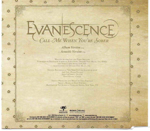 Evanescence - Call Me When You´re Sober Cd Single Raro