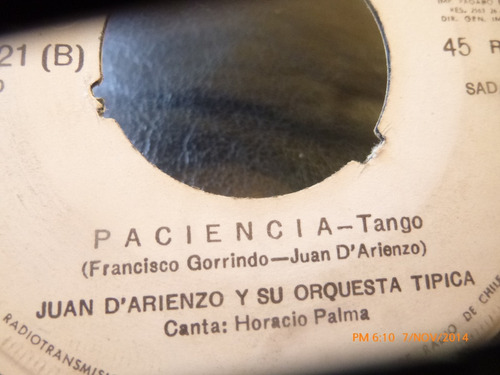 Vinilo Single De Juan D'arienzo -- Paciencia ( I126