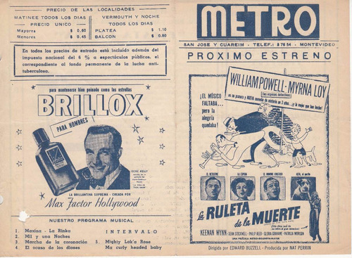 1948 Programa Del Cine Metro Myrna Loy Ruleta De La Muerte