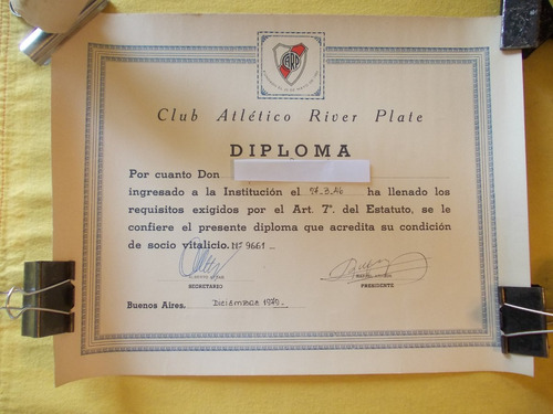 12-   River Diploma Vitalicio 1979 (27,5x36)cm