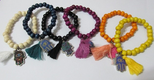 10 Pulseras Hamsa Variedad De Colores Cuentas Madera