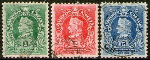 Chile Serie X 3 Sellos Usados Cristóbal Colón Años 1901-02 