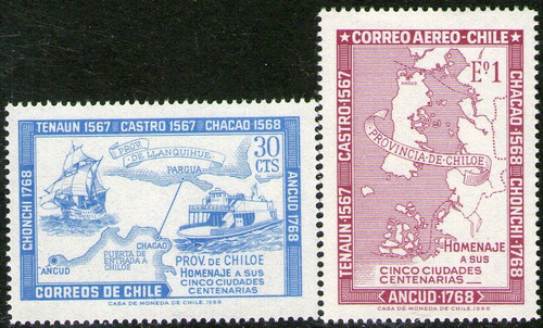 Chile Serie X 2 Sellos Nuevos Mapa = Barco = Chiloé Año 1968