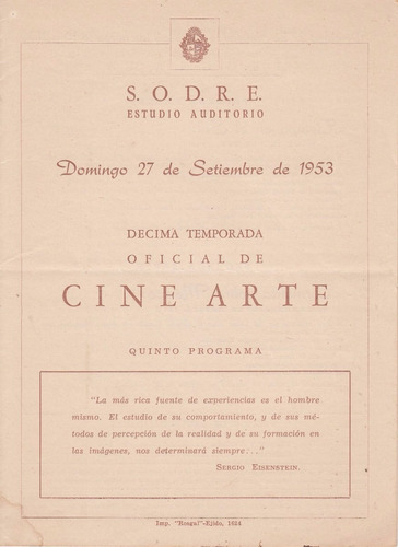 1953 Programa Cine Arte Estudio Auditorio Sodre Eisenstein