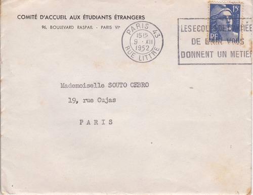 1952 Carta Y Sobre Comite Accueil Etudians Etrangers Paris