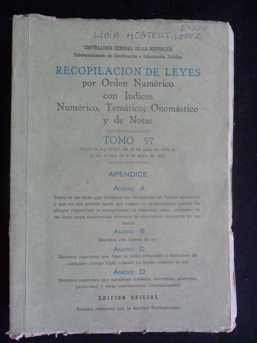 Recopilacion De Leyes Por Orden Niumérico 1970-71 Tomo 57 C2