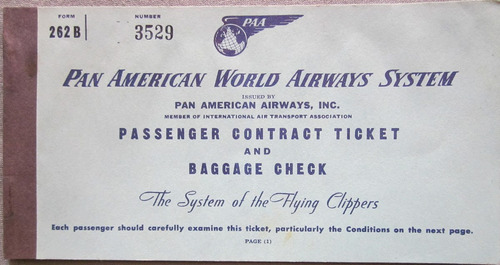 Antiguo Pasaje De Avion Pan American World Airlines System