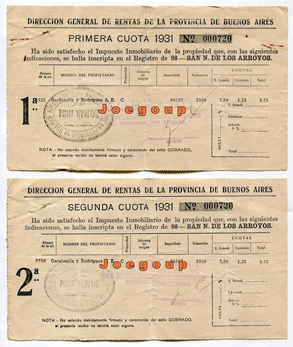 2 Recibos Rentas Provincia De Buenos Aires San Nicolas 1931