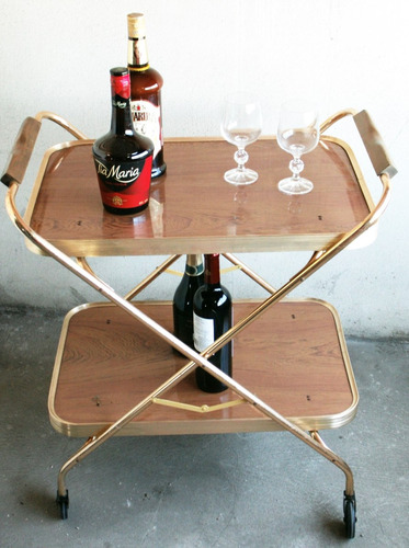 Mesa Carro Bar Rectangular Plegable/ Bronce Y Formica Habano