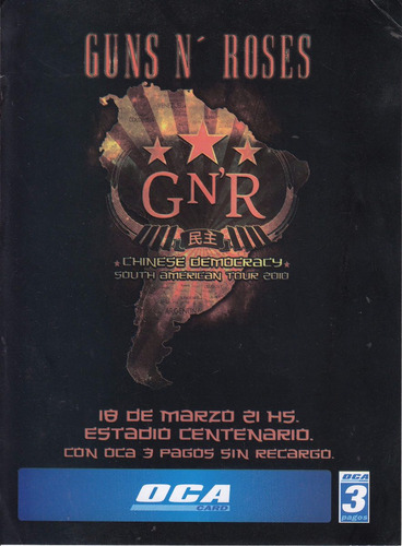 Ephemera Guns N Roses Only Uruguay 2010 Flyer Oca Card Rock