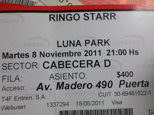 Entrada Ringo Star  Primera Visita, Para  Coleccionistas