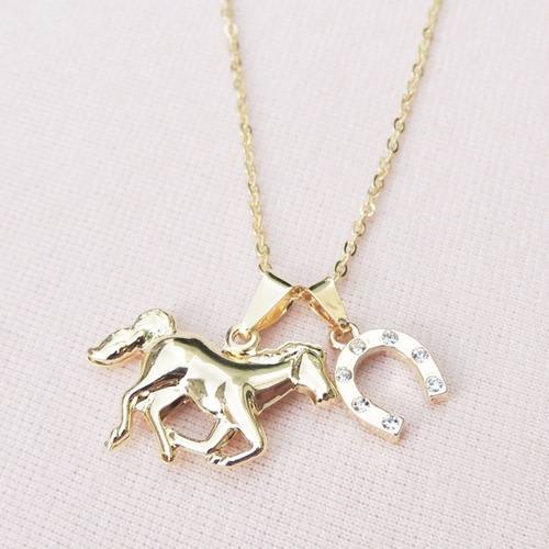 Colar Country Cavalo E Ferradura Folheado A Ouro 18k