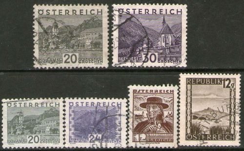 Austria 6 Sellos Usados Castillos = Lago = Velero 1929-45