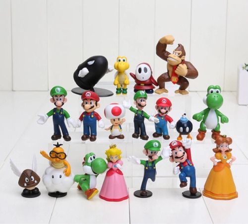 Coleção Kit 18 Bonecos Miniaturas Turma Do Super Mario Bros