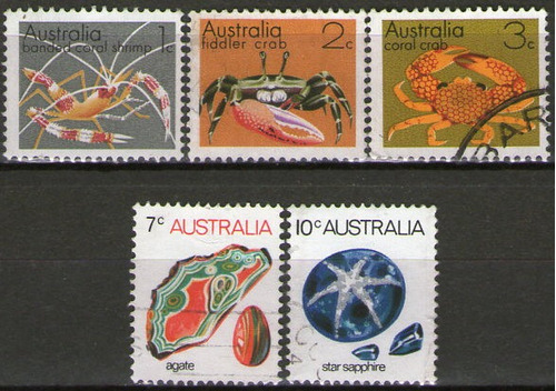 Australia Serie X 5 Sellos Fauna Marina Y Minerales Año 1973