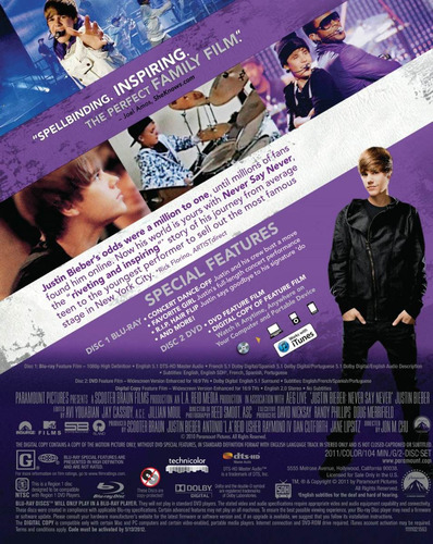 Justin Bieber Never Say Never Blu Ray + Dvd