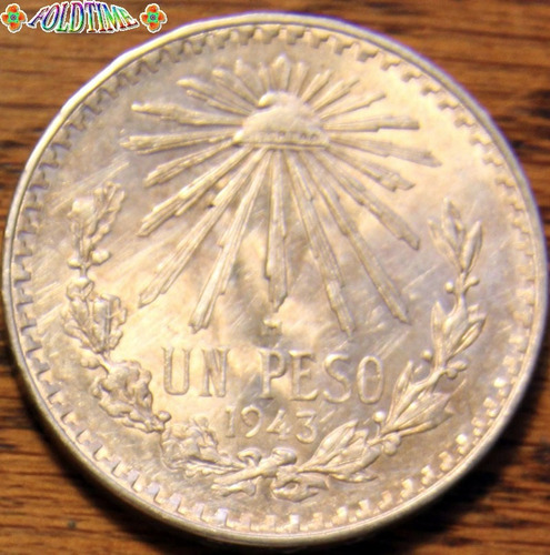 1943 Un Peso Moneda Mexicana Resplandor Rara Au Plata Ley 72