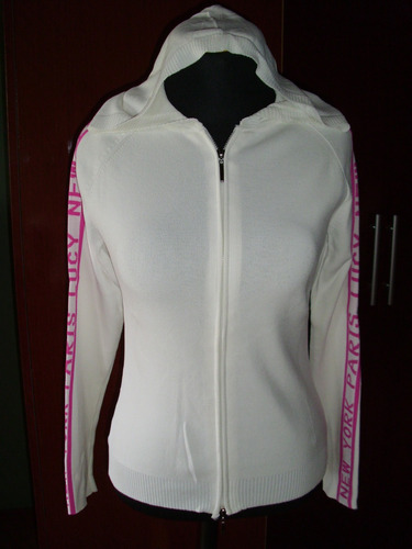 Campera De Dama En Hilo, Blanca Combinada Con Fucsia.