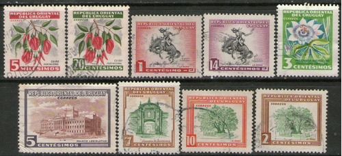 Uruguay Serie X 9 Sellos Usados Flores = Fauna = Doma 1954