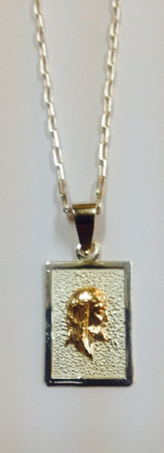 Cadena Plata Fina Placa Plata Fina Cristo Perfil Oro 18 Ktes