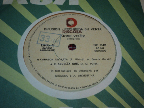 Disco Simple De Jose Velez - Corazon De Lata / Aquella Niña