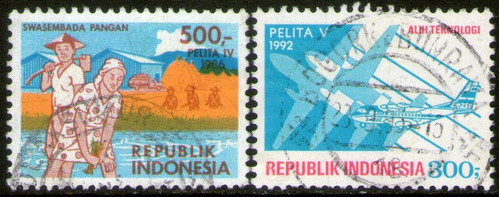 Indonesia 2 Sellos Usados Avión = Agricultura Años 1986-92