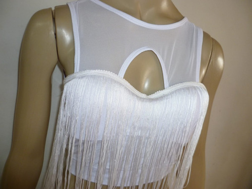 Cropped Com Tule Acima Do Busto E Franja Abaixo Do Busto &