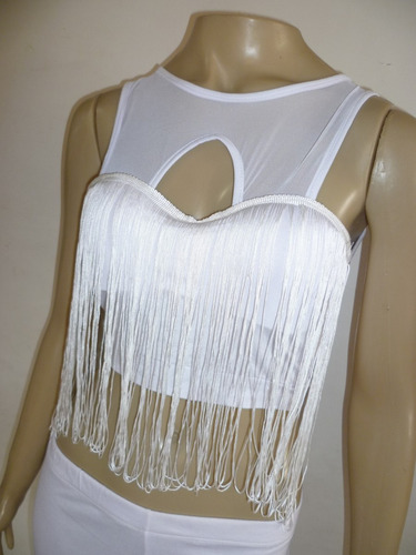 Cropped Com Tule Acima Do Busto E Franja Abaixo Do Busto &