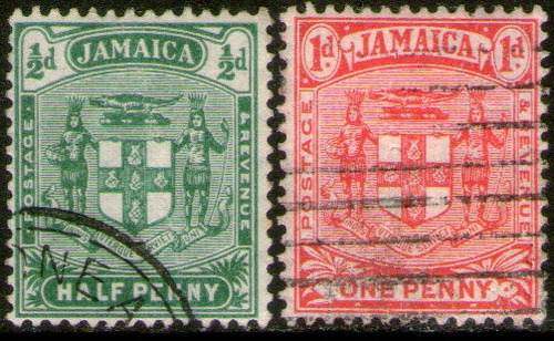 Jamaica Serie X 2 Sellos Usados Escudo De Armas Año 1906 