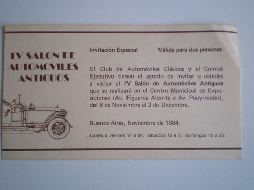Invitación 4º Salón Automóviles Antiguos Buenos Aires 1984