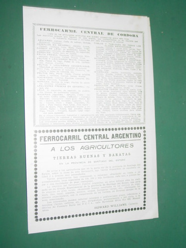 Publicidad Ferrocarril Central Argentino Cordoba Tierras