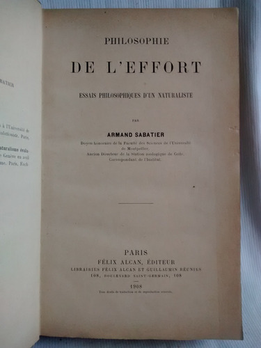 Philosophie De L´effort  Armand Sabatier  1908  Frances