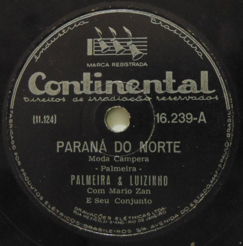 Disco Rotação 78 - Palmeira & Luizinho - Parana Do Norte