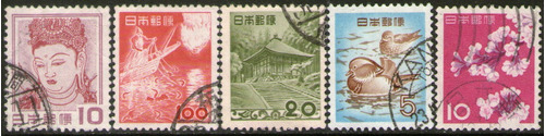 Japón 5 Sellos Usados Patos = Cormorán = Templo = Flor 1953+