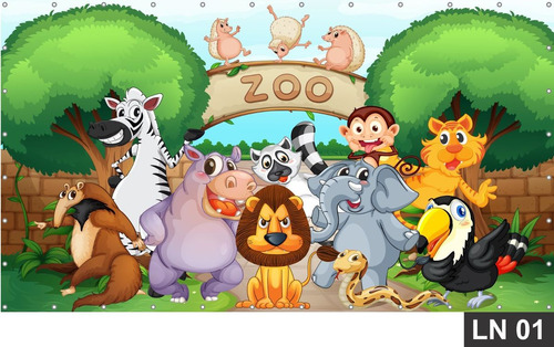 Imagem 1 de 6 de Painel De Festa Zoo Zoológico Animais 2,00x1,00m Lona