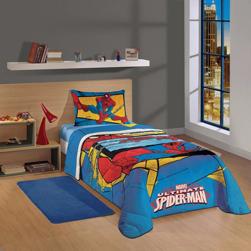 Kit Homem Aranha 5 Pçs - Jogo Cama + Edredom + Toalha Banho