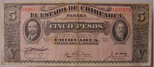 Billete De 5 Pesos El Estado De Chihuahua