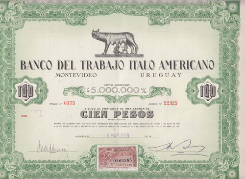 1959 Banco Trabajo Italo Americano Titulo Al Portador 100